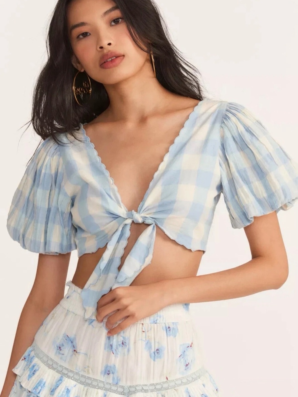 LoveShackFancy Hanover Light Blue Gingham Scalloped Tie Front Crop Top Medium